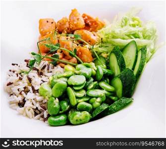 Hawaiian salmon poke salad with rice closeup