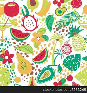 Hawaiian seamless pattern with tropical fruits and flowers. Vector illustration.. Hawaiian seamless pattern with tropical fruits and flowers. Vector illustration surface print on white background.