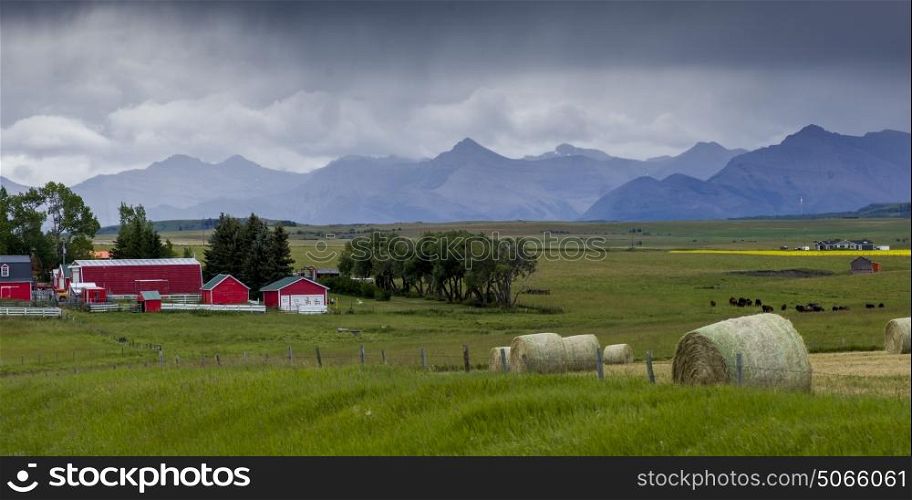 Hay bales and barns at farm, Pincher Creek, Southern Alberta, Alberta, Canada