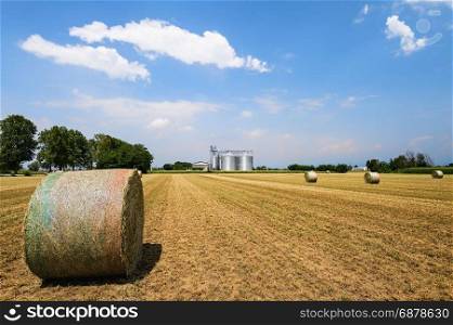 Hay bales dry in the field. On the background agricultural silos for cereals. Blue sky with clouds. Agricultural landscape.