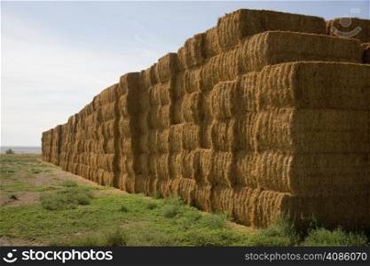 Hay Bales Huge Stack Corner of Farmers Field Farm Staple
