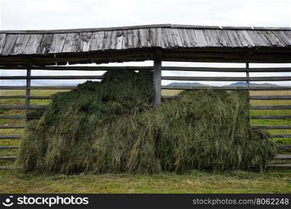 Hay under roof on the farm field in Slovenia