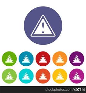 Hazard warning attention sign with exclamation mark set icons in different colors isolated on white background. Warning attention set icons