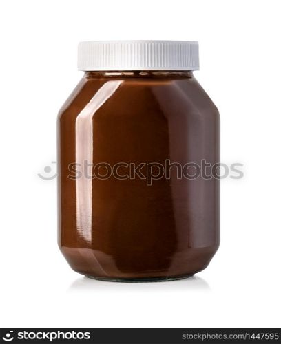 Hazelnut spread chocolate jar on white background with clipping path