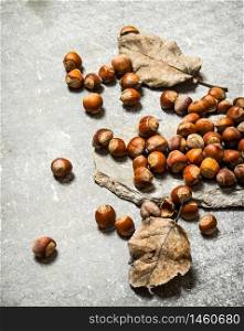 Hazelnut with dry leaves. On the stone table.. Hazelnut with dry leaves.