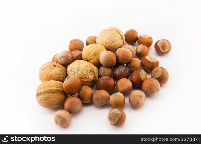 hazelnuts and walnuts isolated on white