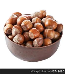 hazelnuts in copper bowl isolated