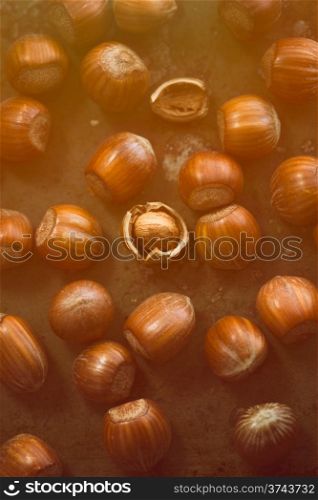 Hazelnuts on the table in orange rays of sunlight (orange toning applied). Hazelnuts on the table in rays of sunlight