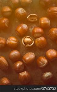 Hazelnuts on the table in orange rays of sunlight (orange toning applied). Hazelnuts on the table in rays of sunlight