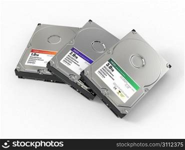 HDD. Three ATA Hard disk drive on white background. 3d