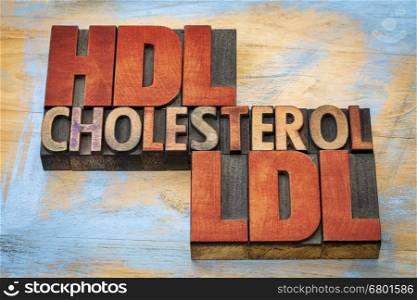 HDL and LDL cholesterol word abstract in vintage letterpress wood type blocks