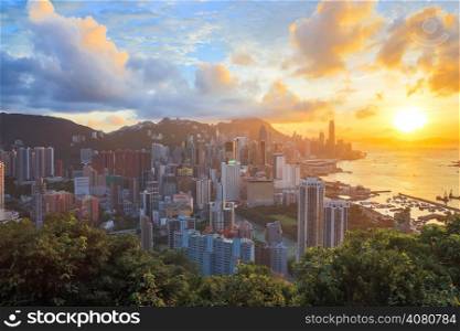 HDR: Sunset in hong kong city Skyline from braemar hill