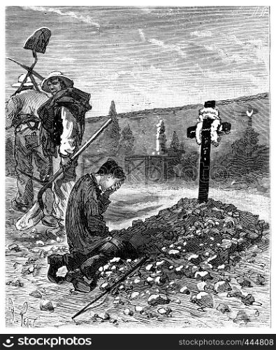 He cried the stranger as he was weeping over the grave of his father, vintage engraved illustration. Journal des Voyage, Travel Journal, (1880-81).
