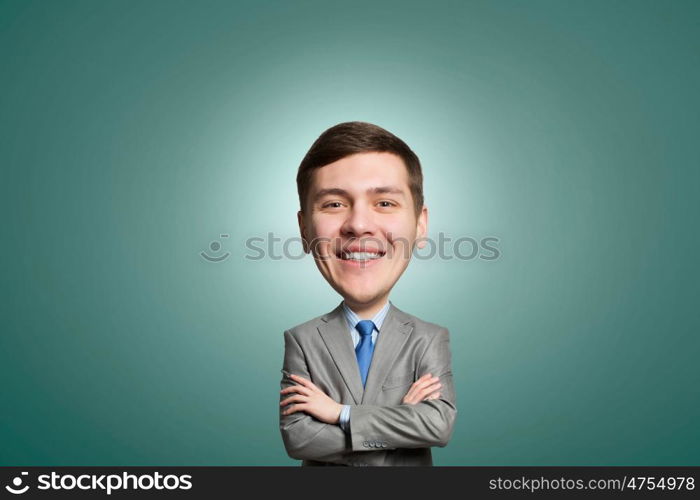He is rather smart. Funny smiling business man with a big head