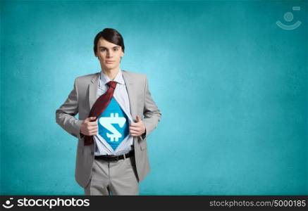 He is super manager. Businessman with dollar sign on chest acting like superhero