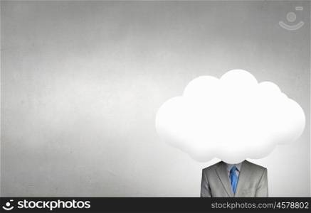 He is up in clouds. Young businessman with white cloud instead of head