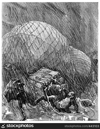 He tore himself from his pod, prey to one of these stupors, vintage engraved illustration. Journal des Voyage, Travel Journal, (1880-81).