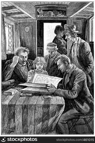 He would first go back through California, vintage engraved illustration. Jules Verne Cesar Cascabel, 1890.
