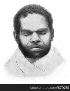 Head and face of one of the last survivors of the totally exterminated primitive inhabitants of Tasmania, vintage engraved illustration. From the Universe and Humanity, 1910.