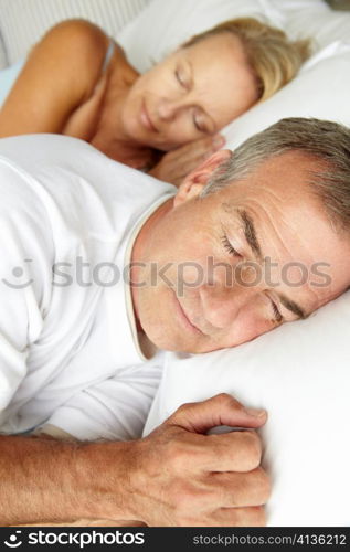 Head and shoulders mid age couple sleeping