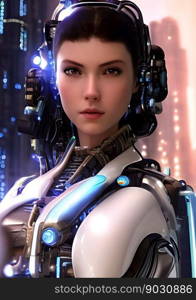 Head and shoulders portrait of a futuristic cyborg woman. AI generated.