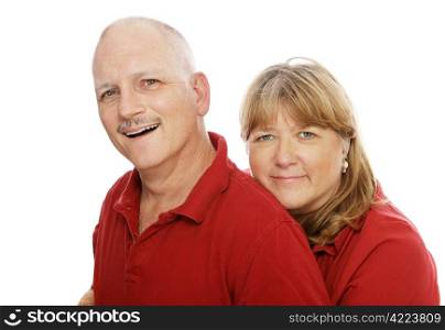 Head and shoulders portrait of a happy mature couple. Isolated on white.