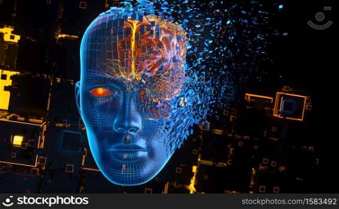Head consisting of blocks. Artificial intelligence concept. 3D illustration. Artificial intelligence concept