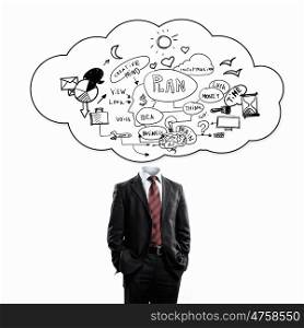 Head full of ideas. Unrecognizable businessman with cloud instead of head
