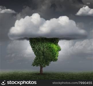 Head in the cloud concept as a tree shaped as the face of a person with clouds covering the top as an imagination metaphor for contemplation and meditation or negative and negativity character trait.