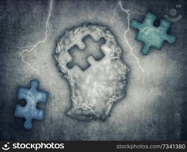 Head made of clouds with puzzle shape inside and two different pieces to choose. Mental health symbol on a gray background.