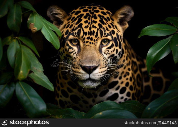 Head of a jaguar among the leaves in the jungle, Panthera onca. Generative AI