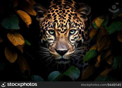 Head of a jaguar among the leaves in the jungle, Panthera onca. Generative AI