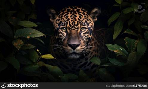 Head of a jaguar among the leaves in the jungle, Panthera onca. Generative AI