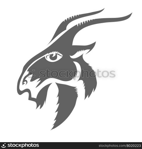 Head of Horned Goat Isolated on White Background. Grey Silhouette of Goat. Head of Horned Goat