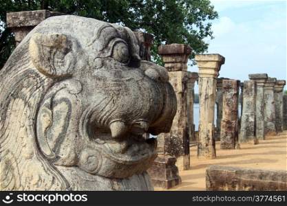 Head of lion and columns of palace Nissabnka Mala in Polonnaruwa, Sri Lanka
