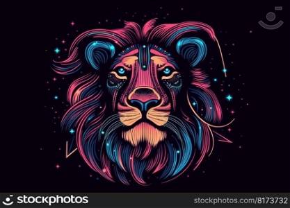 Head of lion with neon style. Wildlife predator. Generate Ai. Head of lion with neon style. Wildlife predator