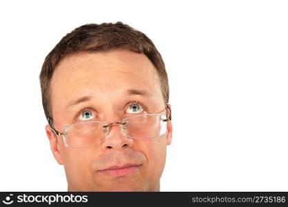 head of pensive man in glasses look up