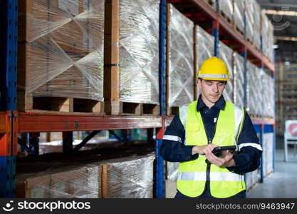 Head of worker in an auto parts warehouse, Examine auto parts that are ready to be shipped to the automobile assembly factory.