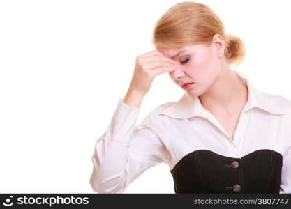 Headache, migraine and sinus ache. Stressed businesswoman worried young woman suffering from head or nose pain isolated on white.