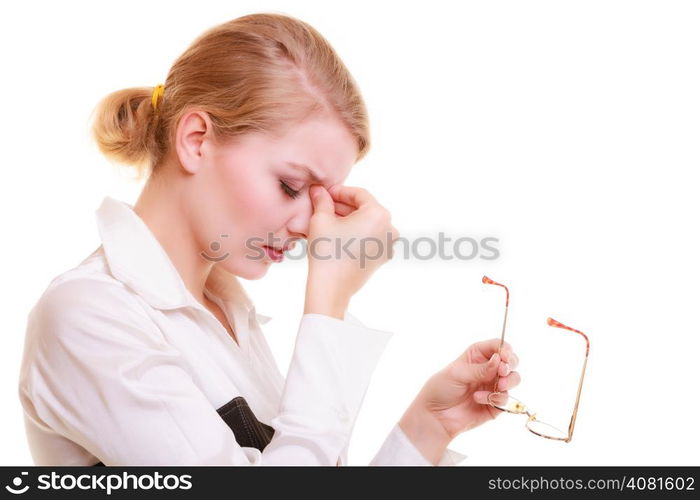 Headache, migraine and sinus ache. Stressed businesswoman worried young woman suffering from head or nose pain isolated on white.