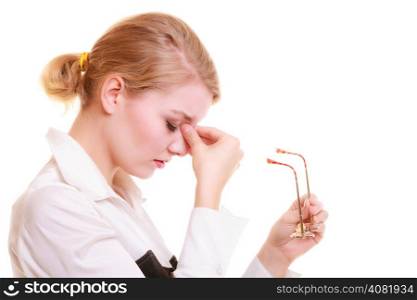 Headache, migraine and sinus ache. Stressed businesswoman worried young woman suffering from head or nose pain isolated on white.