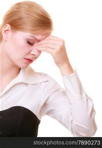 Headache, migraine and sinus ache. Stressed businesswoman worried young woman suffering from head or nose pain isolated on white.