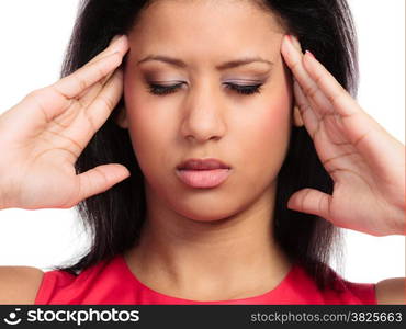 Headache, migraine and sinus ache. Stressed young woman worried girl mixed race suffering from head pain closed eyes isolated on white