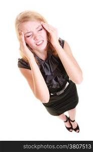 Headache, migraine and stress. Stressed businesswoman worried woman girl suffering from head pain isolated on white.