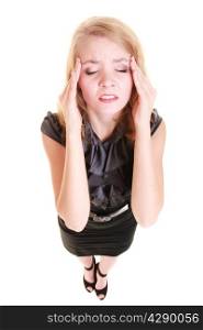 Headache, migraine and stress. Stressed businesswoman worried woman girl suffering from head pain isolated on white.