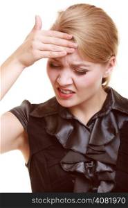 Headache, migraine and stress. Worried businesswoman upset woman girl suffering from head pain isolated on white.