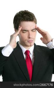 headache stress businessman hands on head white background