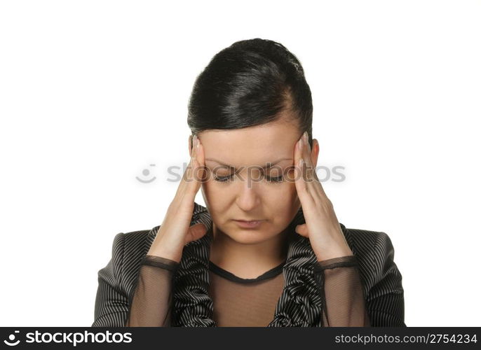 Headache. The woman with hands at temples. It is isolated on a white background.