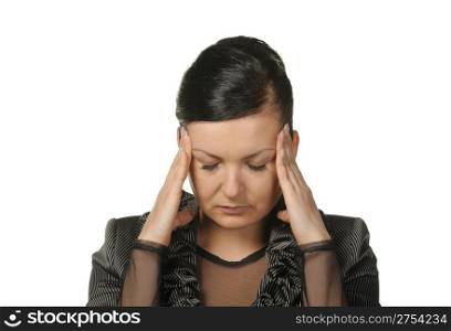 Headache. The woman with hands at temples. It is isolated on a white background.