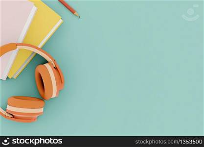 Headphones and books on working table. Background copyspace for text education or business concept. 3D Rendering.